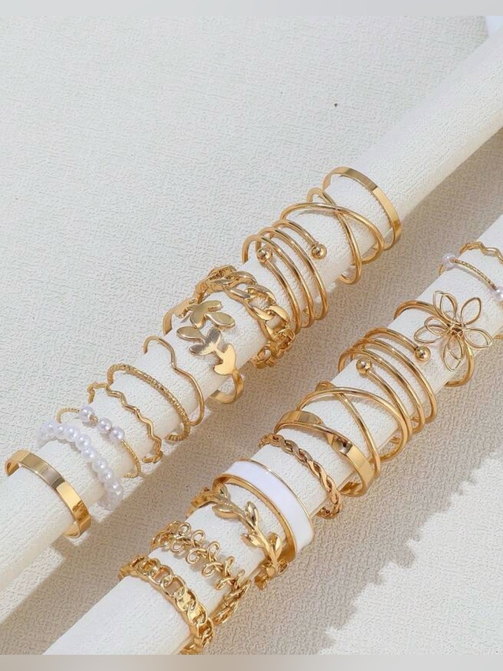 Bohemian 22pc Yellow Gold pave Floral Pearl Ring stack Set viral ๐ leaf Jewel ๐ธ - Picture 2 of 3